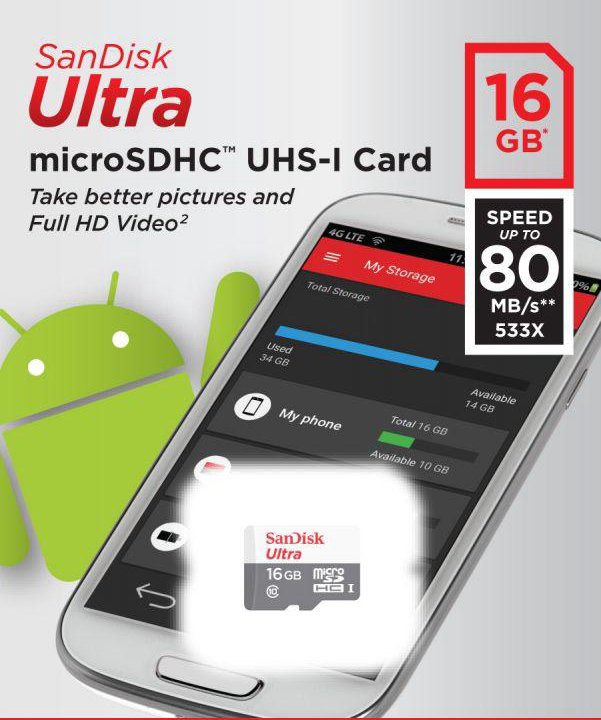 Карта памяти 16GB SanDisk Ultra microsdhc Class 10