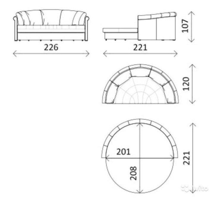 Чертеж полукруглого дивана