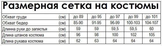 Таблица размеров спортивных костюмов