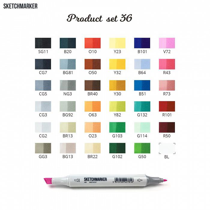 Product 36. SKETCHMARKER Basic 2 Set 36 расположение маркеров. Палитра маркеров SKETCHMARKER 80. Скетчмаркер палитра цветов маркеры. SKETCHMARKER лучшие цвета.