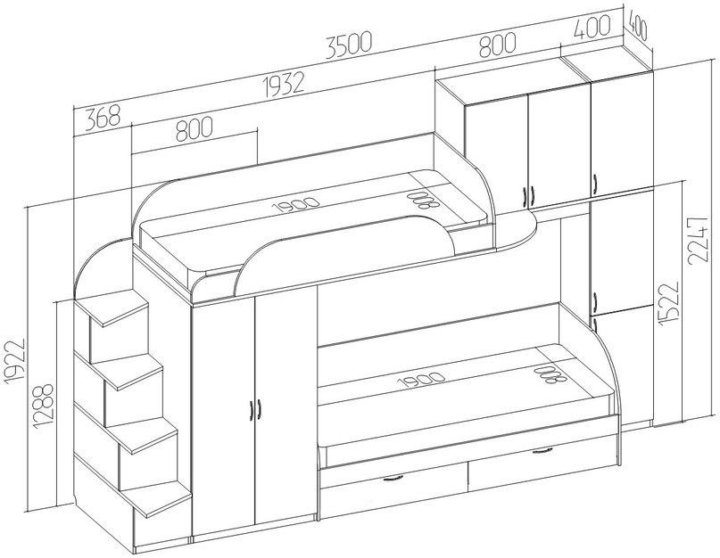 Двухъярусная кровать со шкафом размеры
