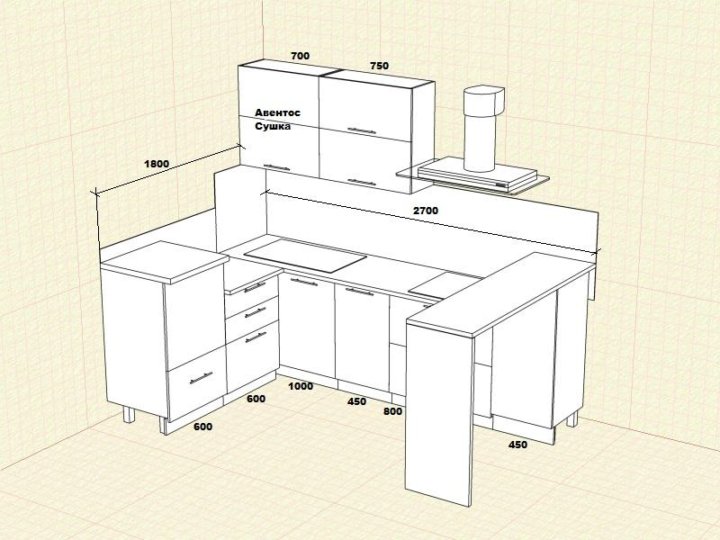 Кухня с барной стойкой чертеж