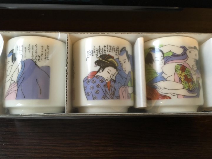 Vintage Shunga Sake Cups Set Asian Kitsch Erotica Magic Shot Glass Plastic