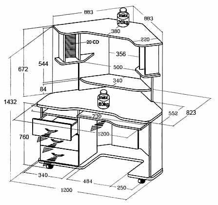 Чертеж компьютерного углового стола
