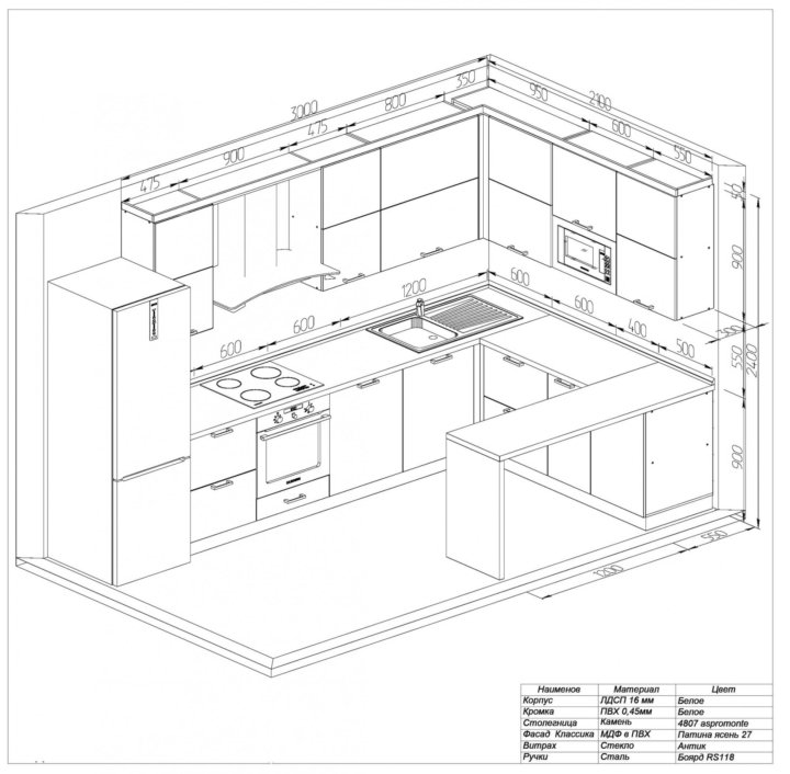 Чертеж п образной кухни