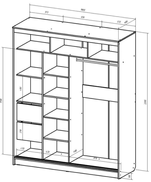 Толщина стенок шкафа. Чертеж трехдверного шкафа в развернутом виде.
