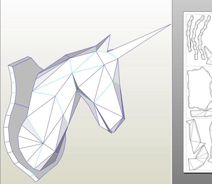 Полигональные фигуры развертки. Паперкрафт голова единорога. Развертка единорога из бумаги. Развёртка головы единорога.