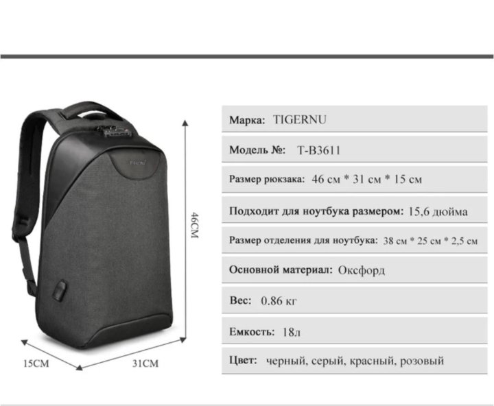 Размеры рюкзаков. Рюкзак Tigernu t-b3611 15.6