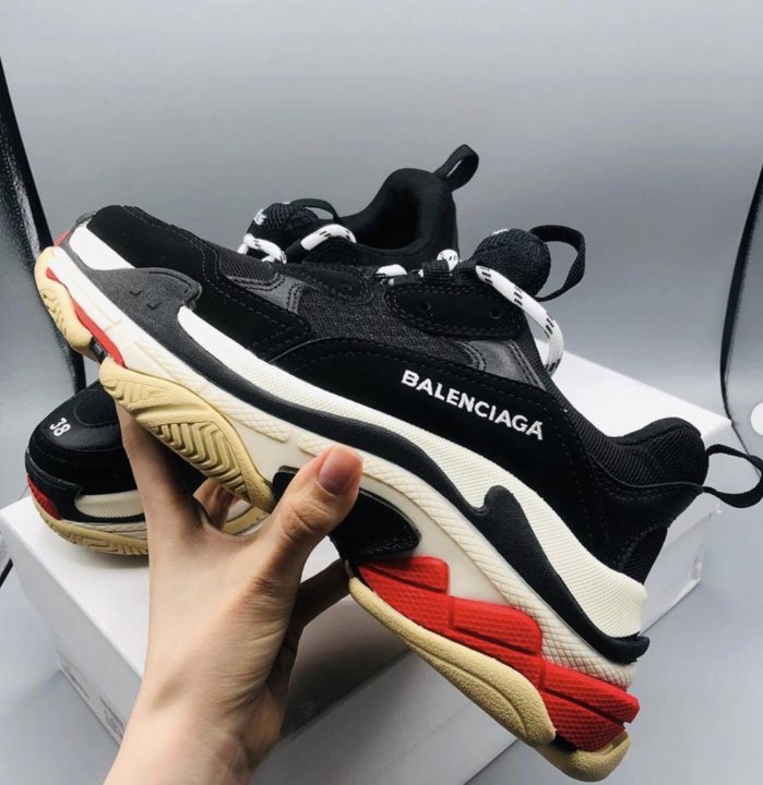 Balenciaga Triple s Black Red on feet