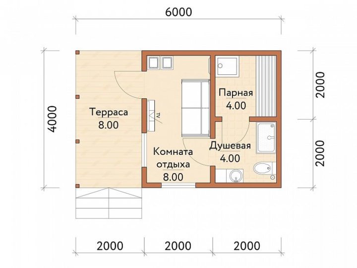 Проект бани 4 на 4 с комнатой отдыха