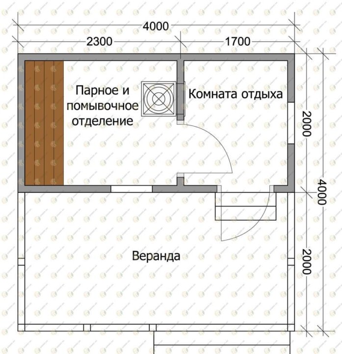 Чертеж бани 4 на 4 с верандой