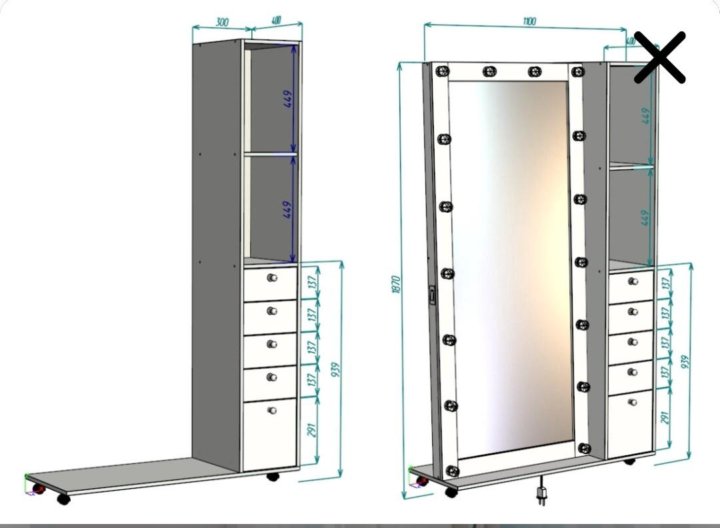 Гримерное зеркало чертеж с размерами