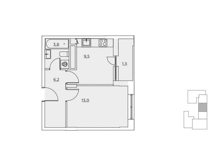 Планировка квартиры 34 м Свободная планировка, 34 м², эт. 16/16, Жилой район "Скандинавия", корп. 2 - куп