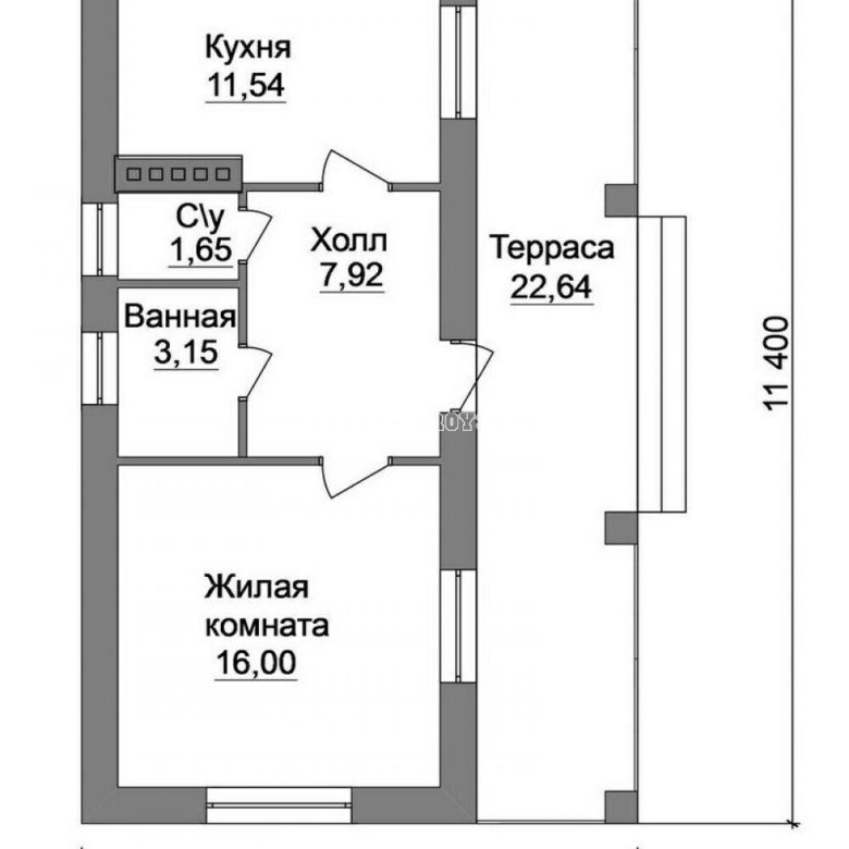 Проект одноэтажного дома с 1 спальней и кухней гостиной