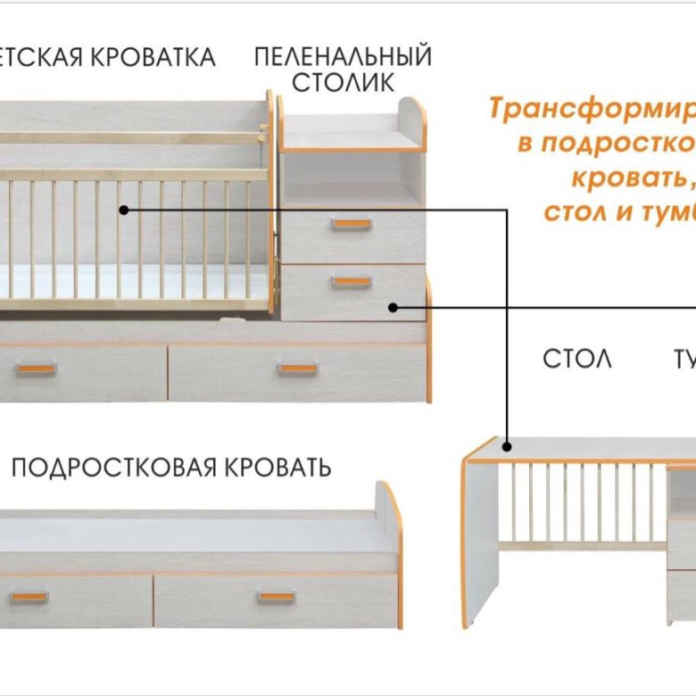 Чертеж детской кроватки с пеленальным столиком