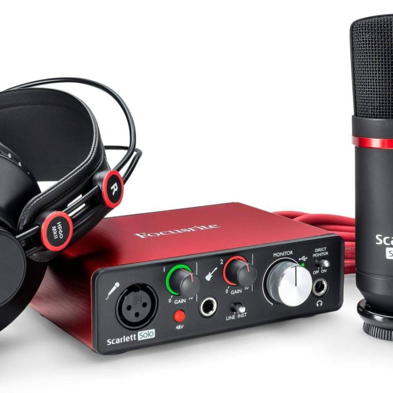 Focusrite Scarlett solo студия система с микрофоном и наушники + стойка—.