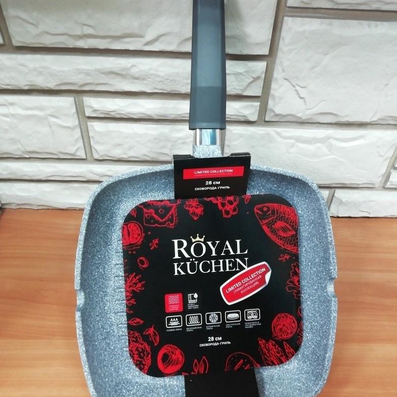 Royal kuchen антипригарное покрытие. Сковорода-гриль royal kuchen антипригарная 28 см. royal küchen сковорода гриль антипригарная.