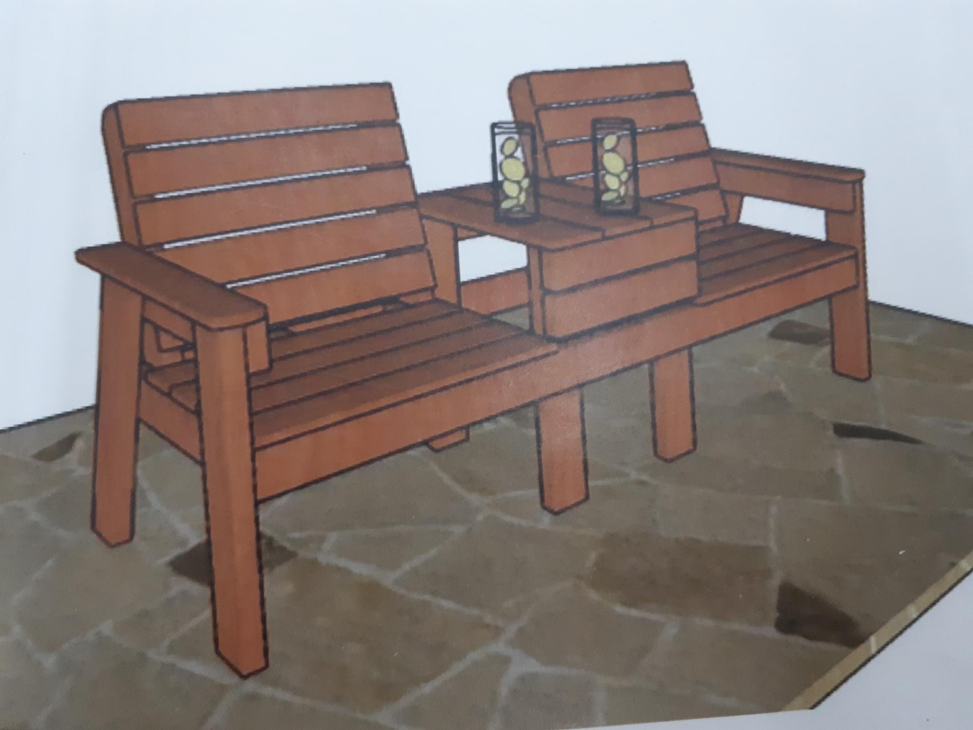 Деревянная скамейка со спинкой и столиком